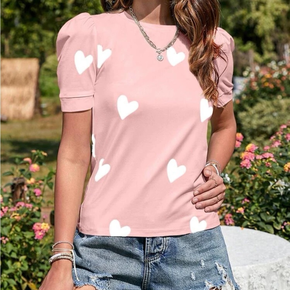 New Heart print short sleeve top